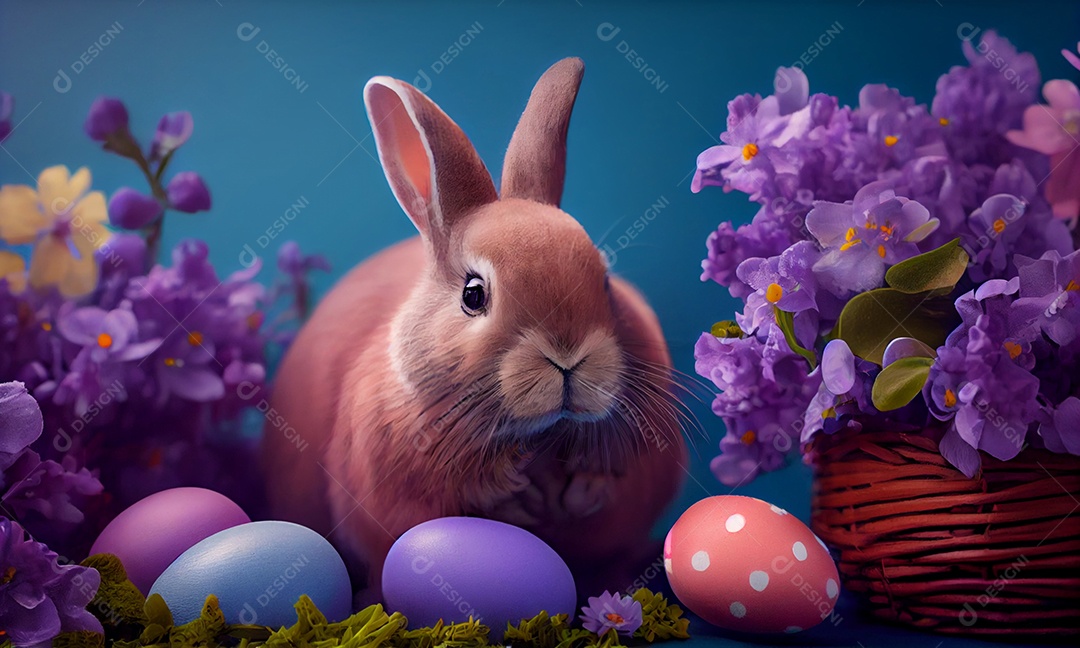 Ilustração de um coelho com ovos de páscoa