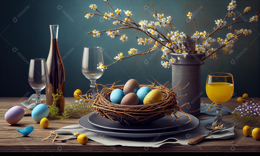 Ilustração de mesa posta com ovos coloridos de páscoa