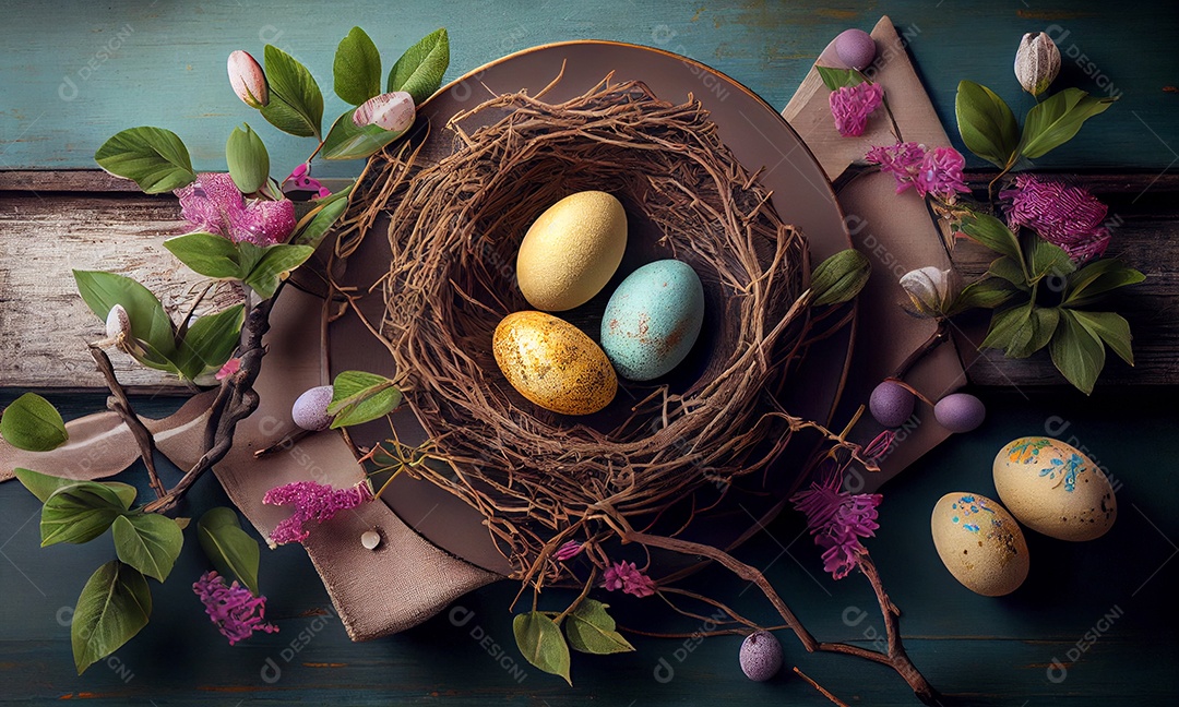 Ilustração de mesa posta com ovos coloridos de páscoa