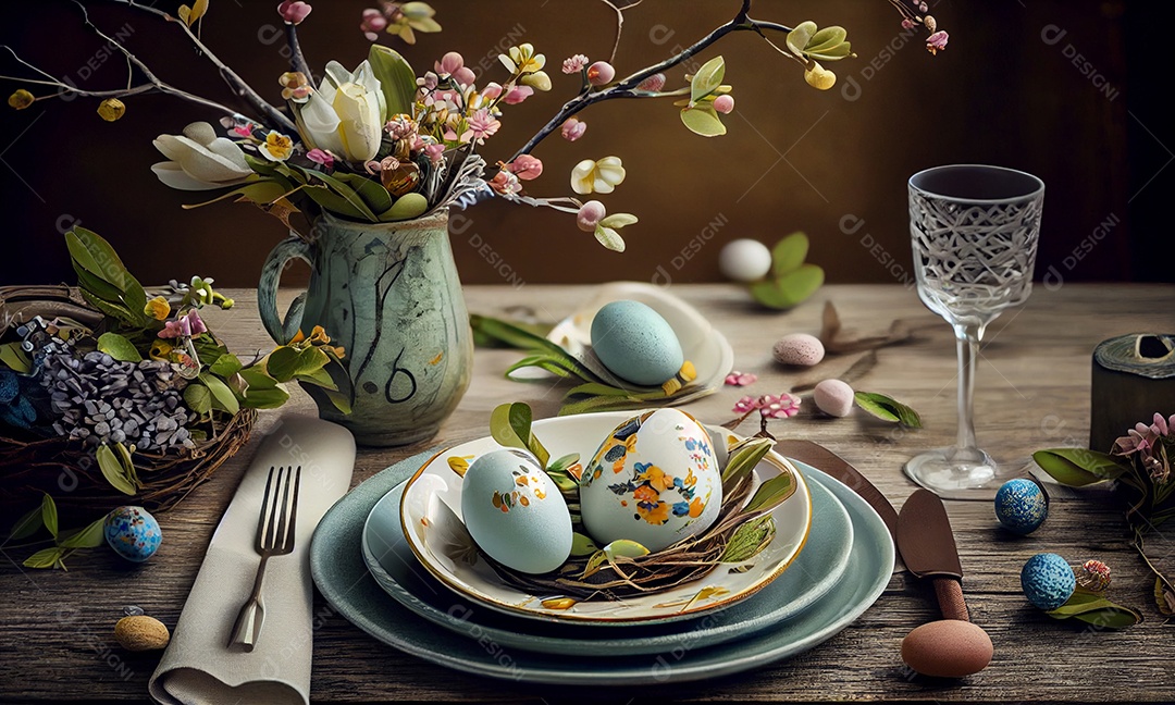 Ilustração de mesa posta com ovos coloridos de páscoa
