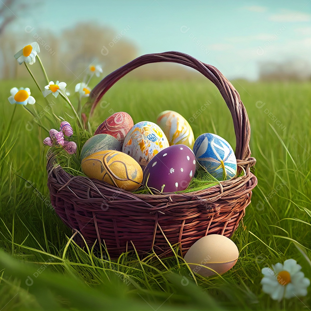 Ilustração de cesta com ovos coloridos de páscoa