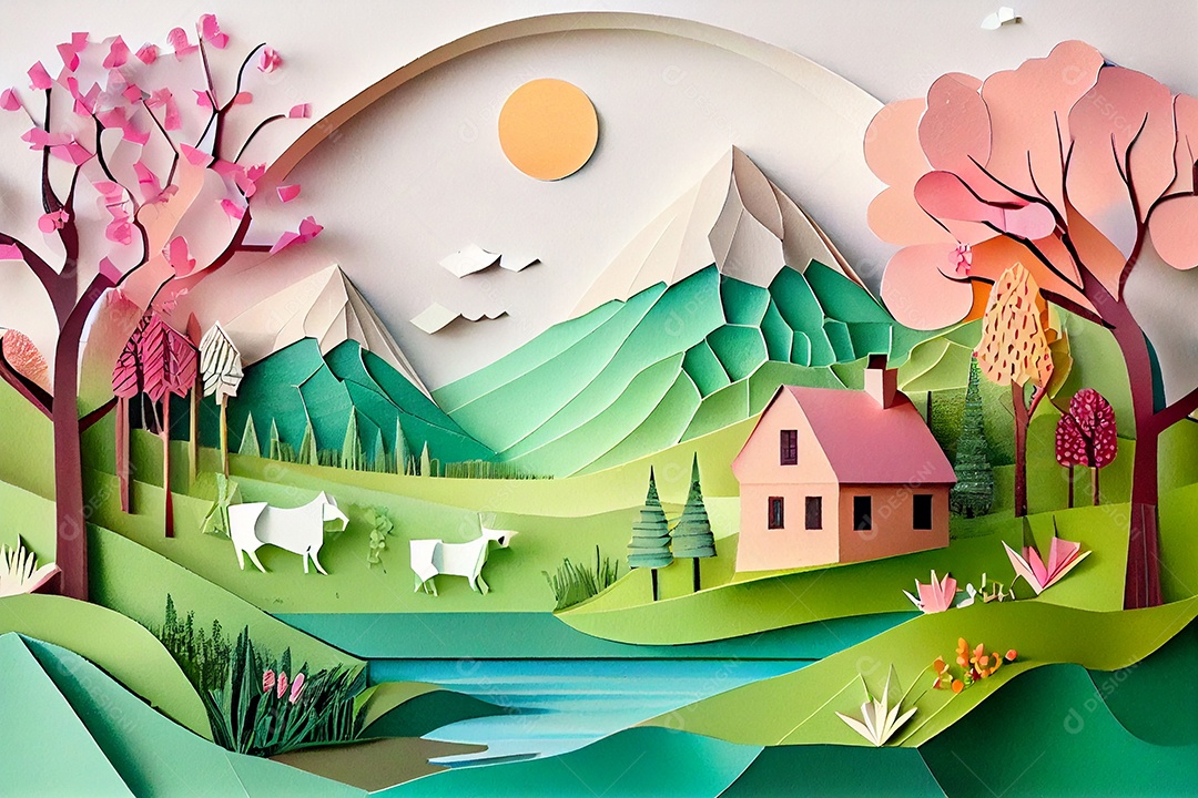Ilustração paisagem feita de papel