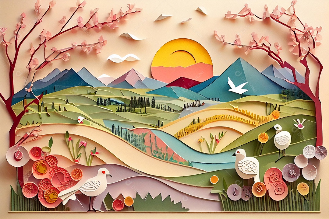 Ilustração paisagem feita de papel