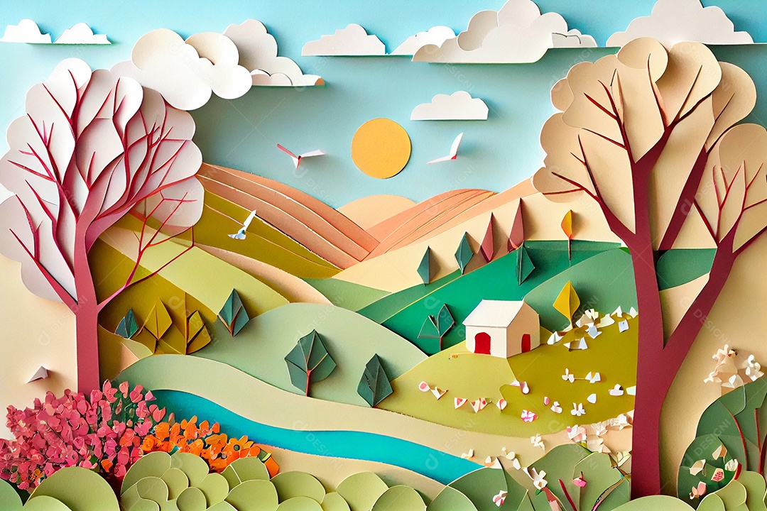 Ilustração paisagem feita de papel