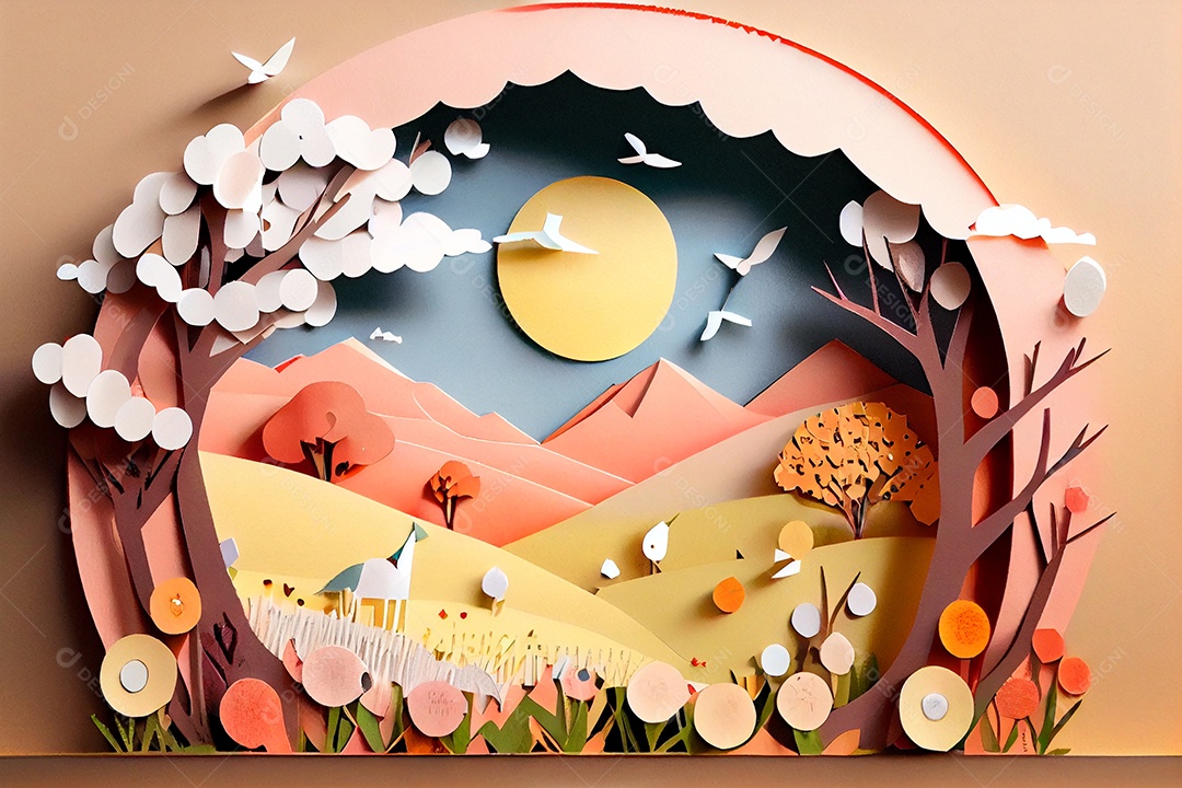 Ilustração paisagem feita de papel