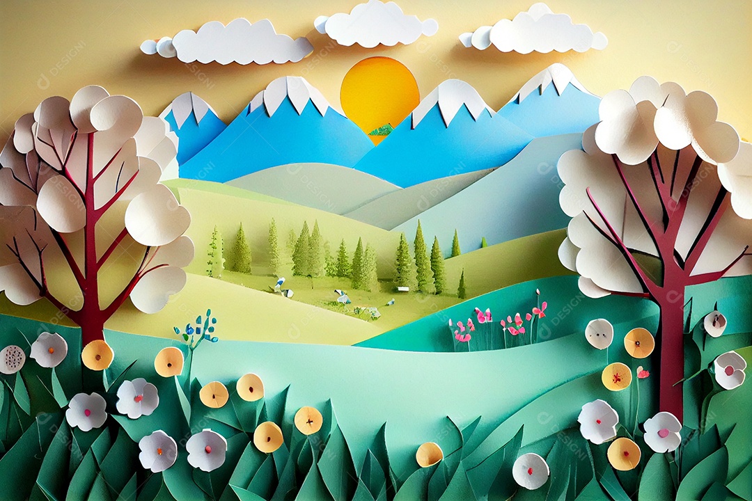 Ilustração paisagem feita de papel