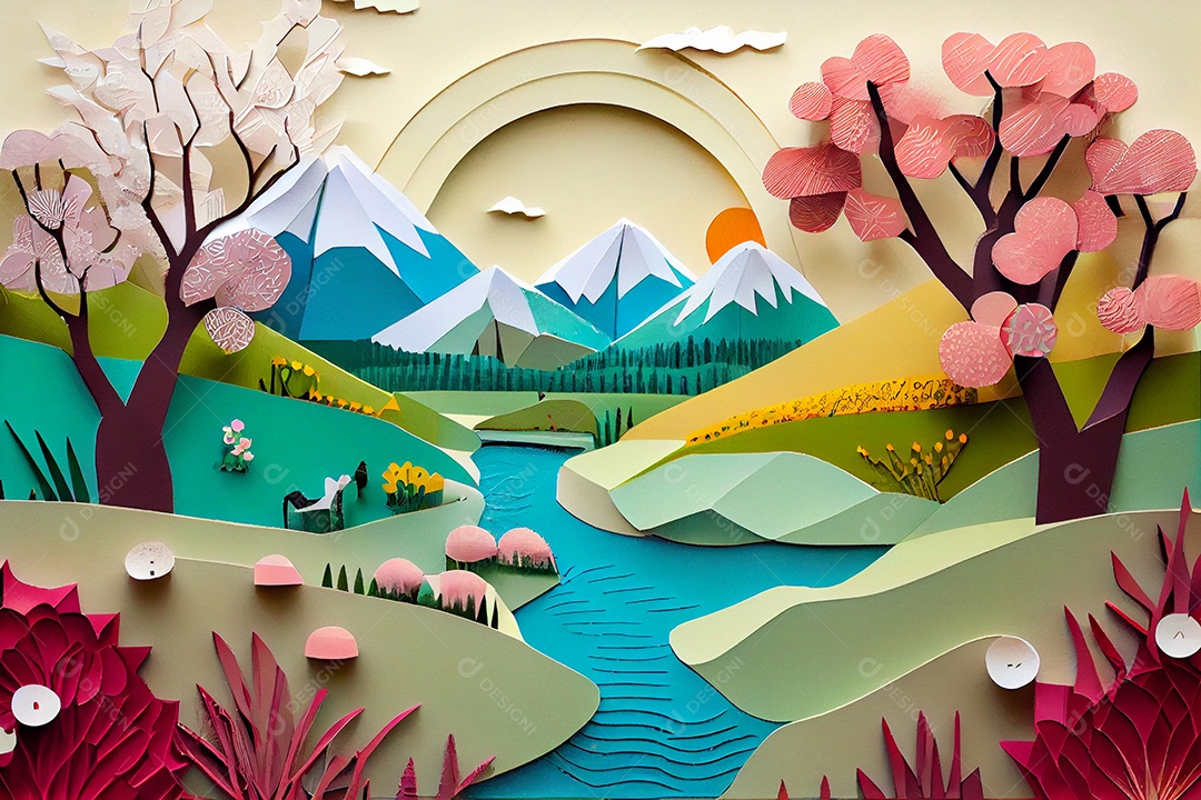 Ilustração de rio com flores e plantas