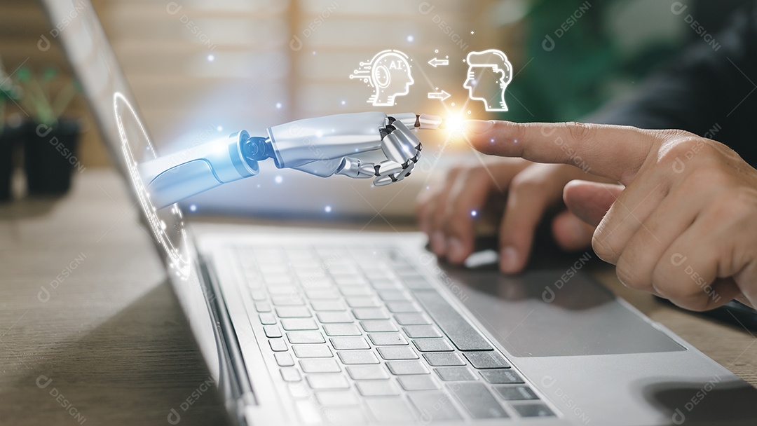 Mãos de robôs e humanos tocando na conexão de rede de big data, ciência e tecnologia de inteligência artificial, inovação e futurista, IA, aprendizado de máquina