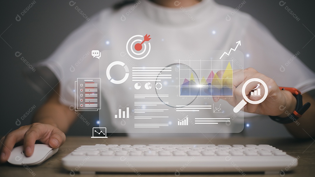 Contabilidade, análise, auditoria, pesquisa, resultados. Laptop com gráficos e tabelas na tela, área de transferência, relatório, alvo, calendário, lupa. Relatório financeiro.