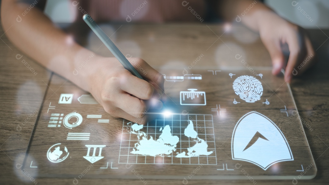 Cientistas de dados. os programadores usam um laptop para analisar e desenvolver várias informações em uma tela de interface virtual futurista. Algoritmo. marketing e aprendizado profundo de inteligência artificial