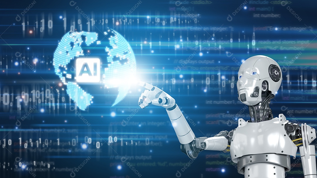 Mão robótica toque terra holográfica se conecta para aprender e controlar, com conceito de rede digital de linha tecnologia de inteligência artificial e inovação, negócios e controle industrial com robô