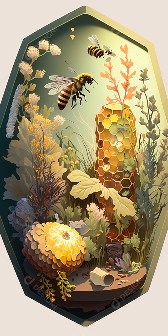 Ilustração fundo floral com abelhas