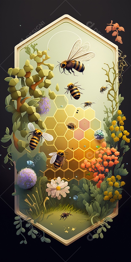 Ilustração fundo floral com abelhas