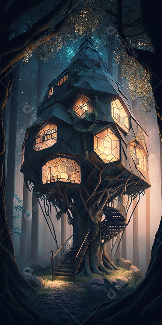 Ilustração 3D de uma casa geometrica na árvore