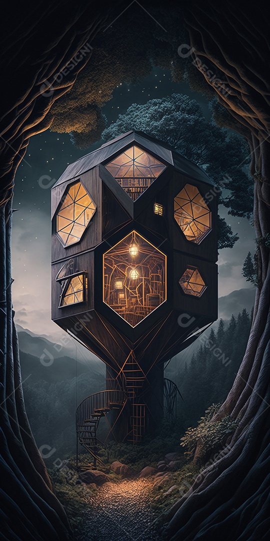 Ilustração 3D de uma casa geométrica na árvore