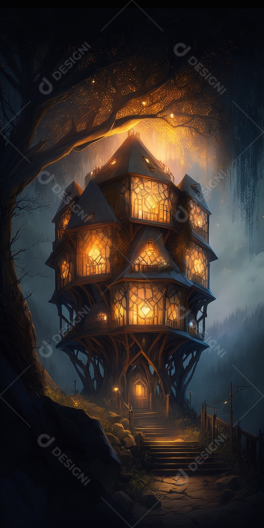 Ilustração 3D de uma casa geométrica na árvore