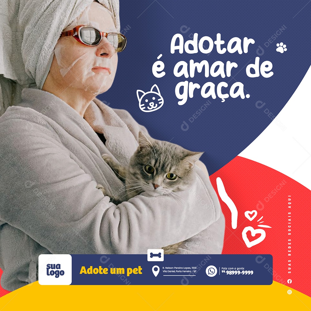 Adotar é Amar de Graça. Adoção de Animais Social Media PSD Editável