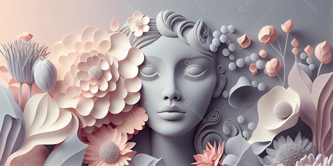 Ilustração floral rosto de uma mulher com flores