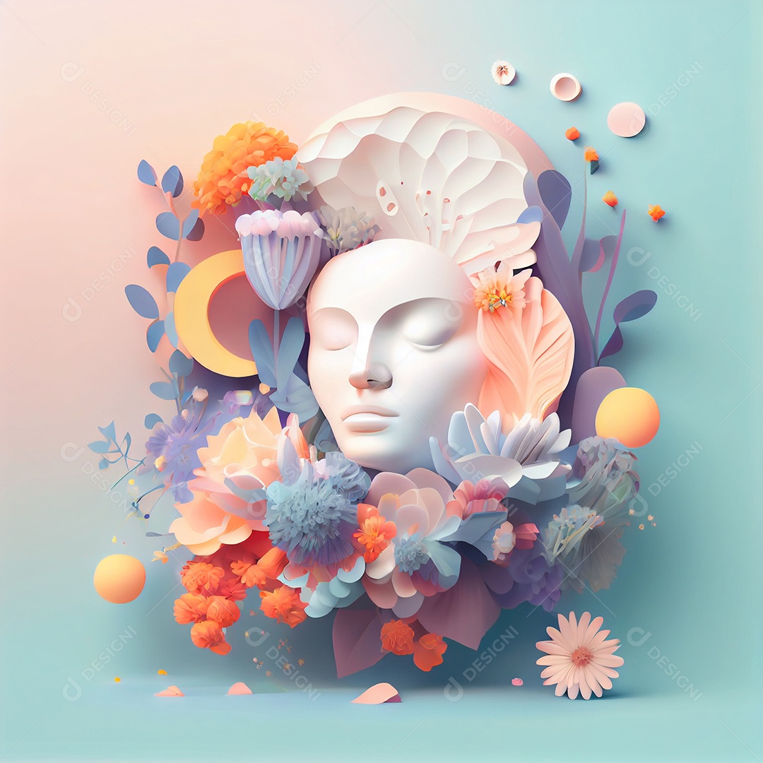 Ilustração floral rosto de uma mulher com flores