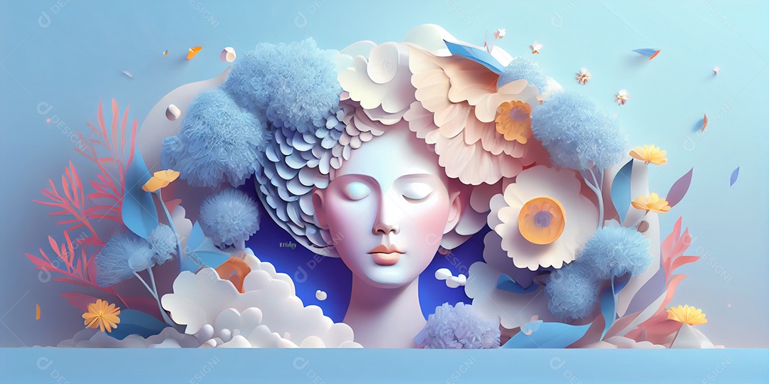 Ilustração floral rosto de uma mulher com flores