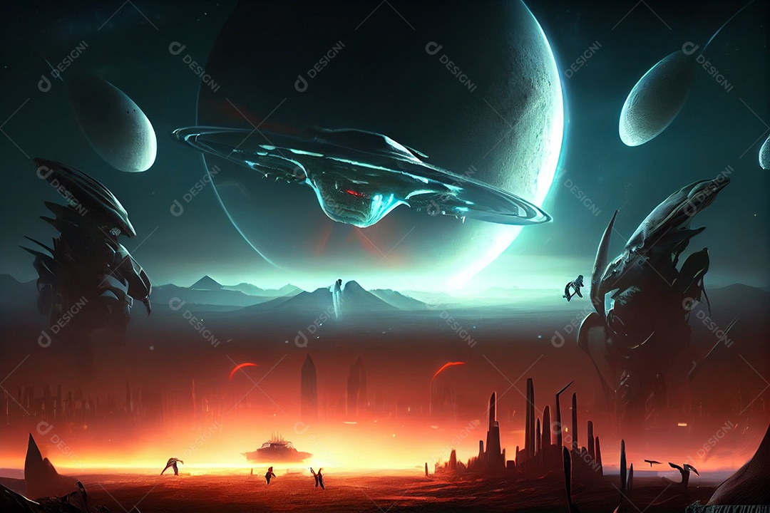 Ilustração Ovni invasão extraterrestres espaçonave sobrevoando cidade fictícia