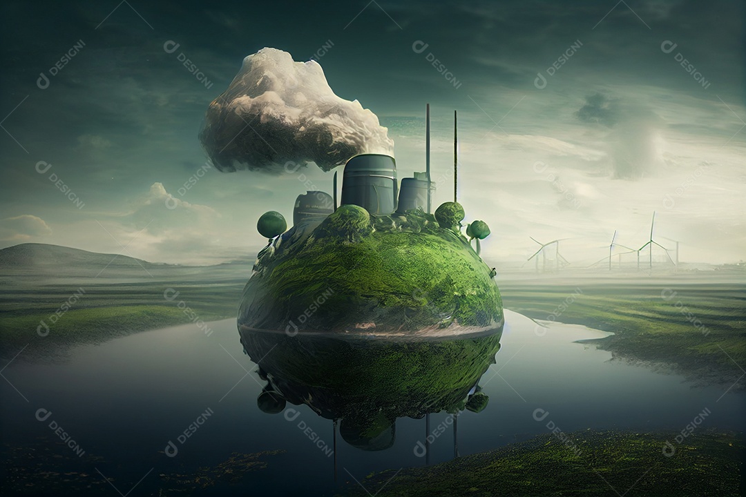 Ilustração globo terrestre com fábrica saindo fumaça toxica