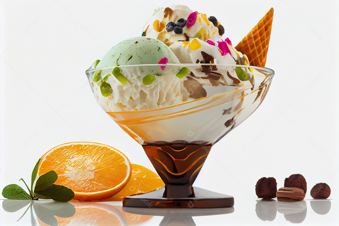 Ilustração de uma taça de sorvete com calda