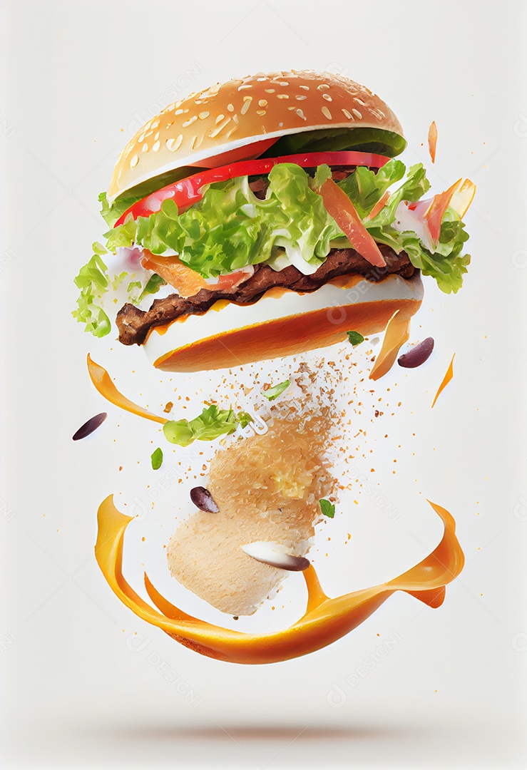 Hambúrguer delicioso voando no ar em ilustração 3d