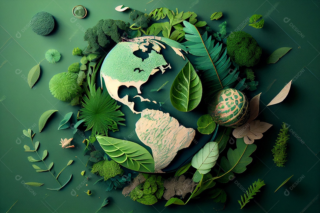 Ilustração planeta terra rodeados de folhas e plantas