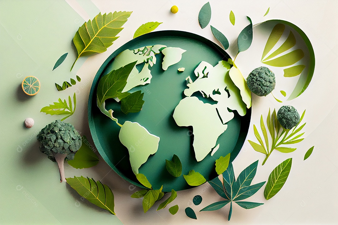 Ilustração planeta terra rodeados de folhas e plantas