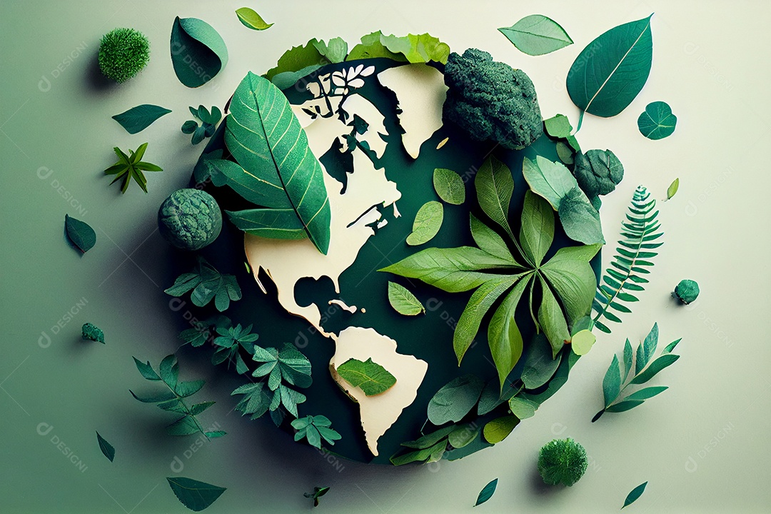 Ilustração planeta terra rodeados de folhas e plantas