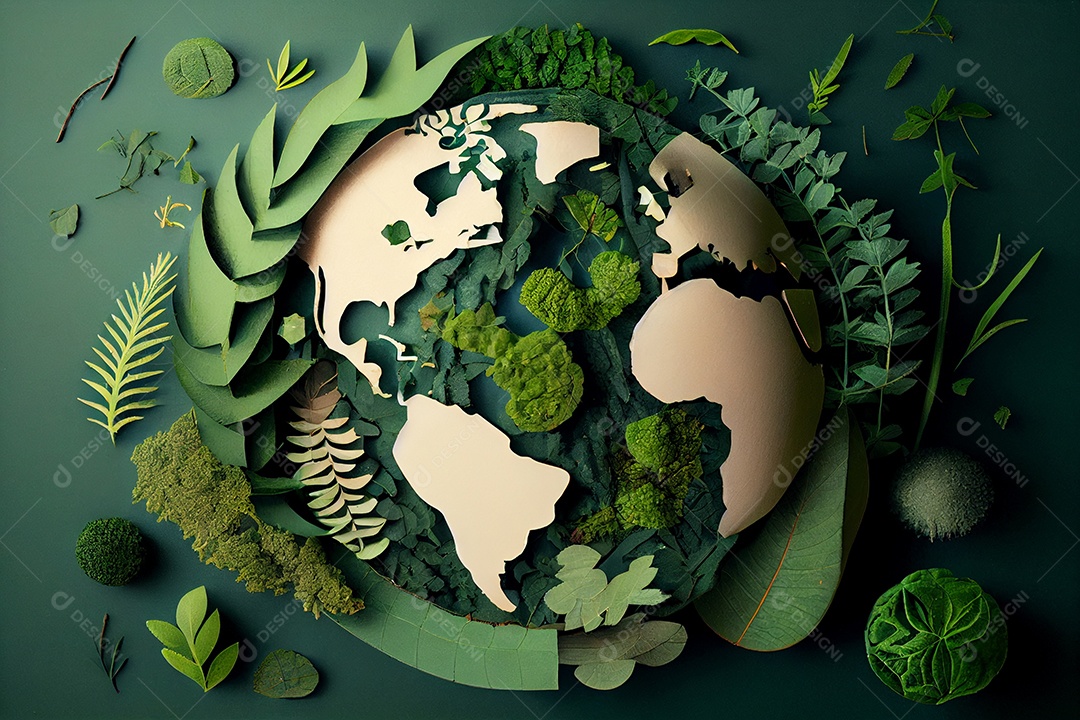 Ilustração planeta terra rodeados de folhas e plantas