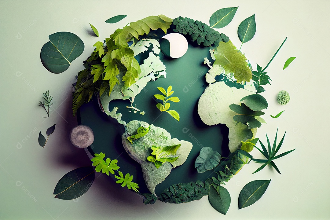 Ilustração planeta terra rodeados de folhas e plantas