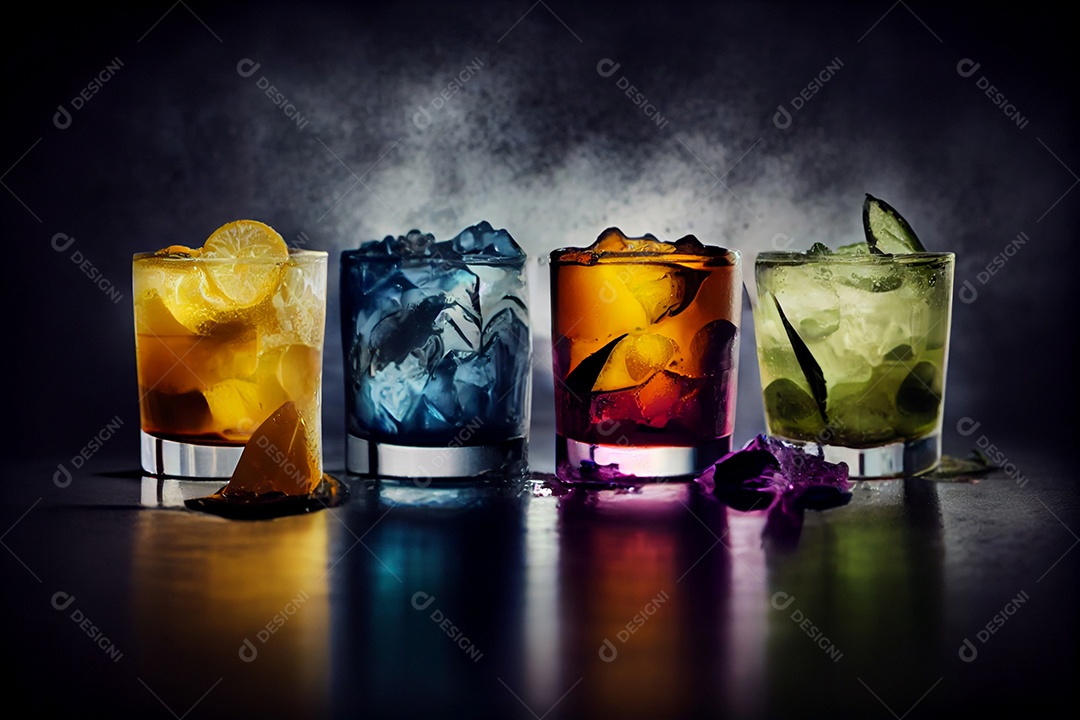 Taças de coquetéis e drinks coloridos