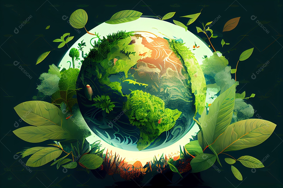 Ilustração planeta terra rodeados de folhas e plantas