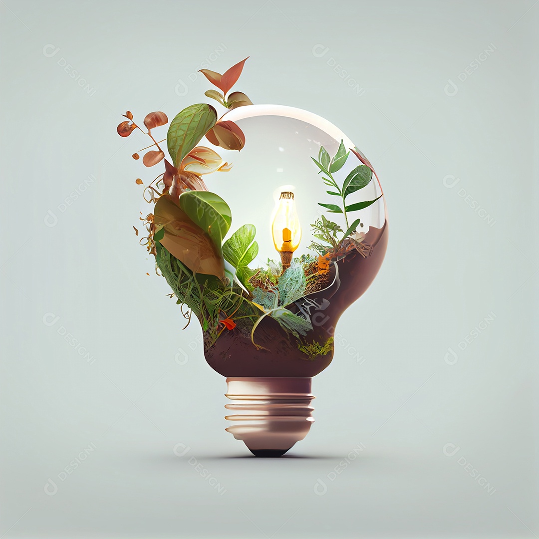 Ilustração natureza plantas crescendo dentro da lâmpada