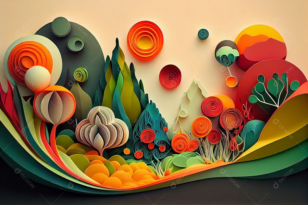 Ilustração Arte e ilustração em quilling de papel floresta encantada