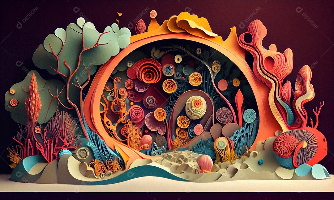 Ilustração Arte e ilustração em quilling de papel floresta encantada