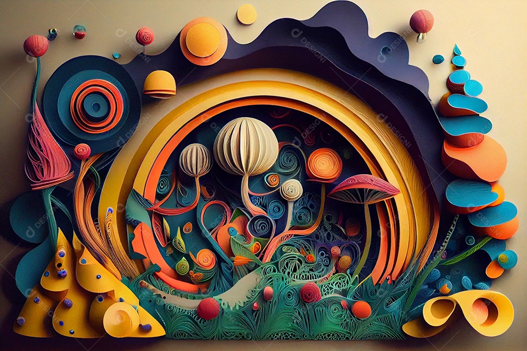 Ilustração Arte e ilustração em quilling de papel floresta encantada