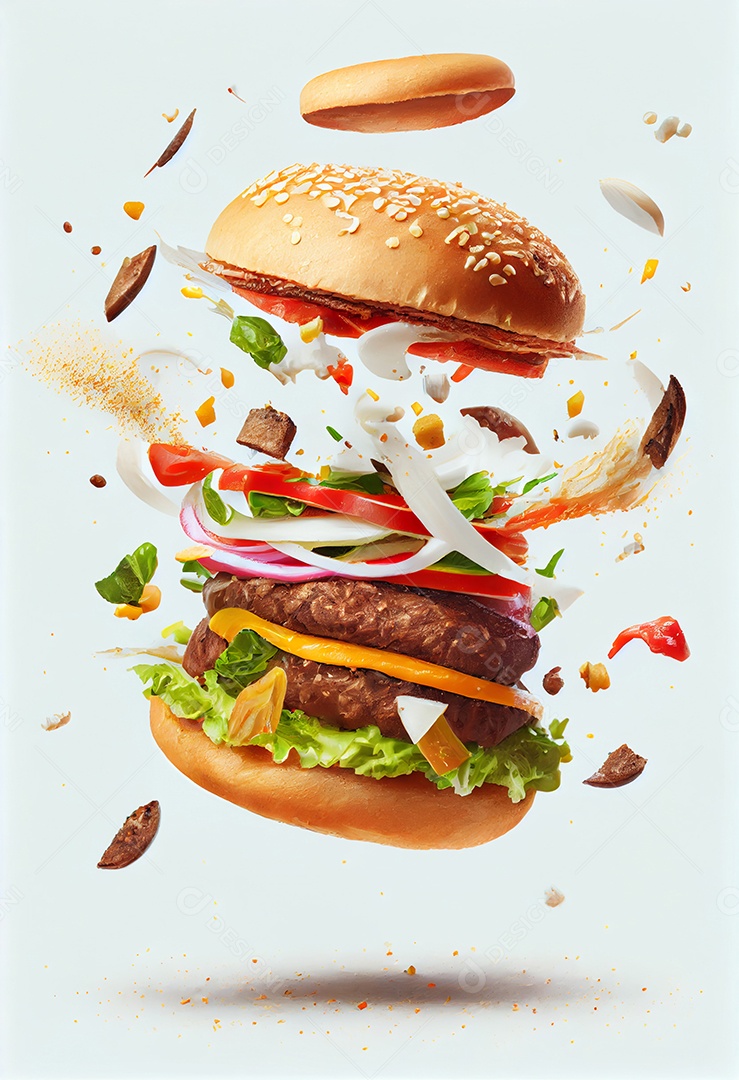 Hambúrguer delicioso voando no ar em ilustração 3d