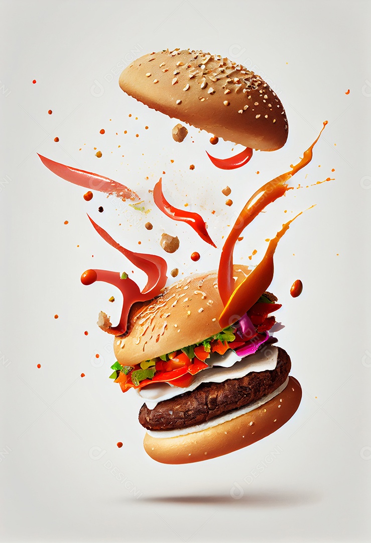 Hambúrguer delicioso voando no ar em ilustração 3d