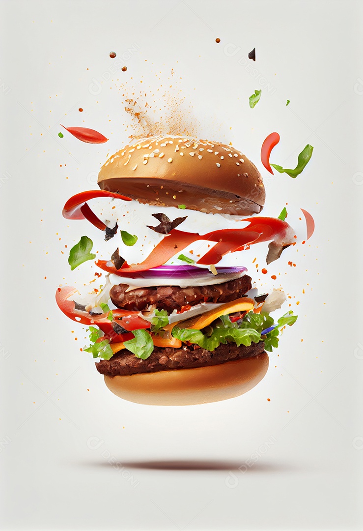 Hambúrguer delicioso voando no ar em ilustração 3d