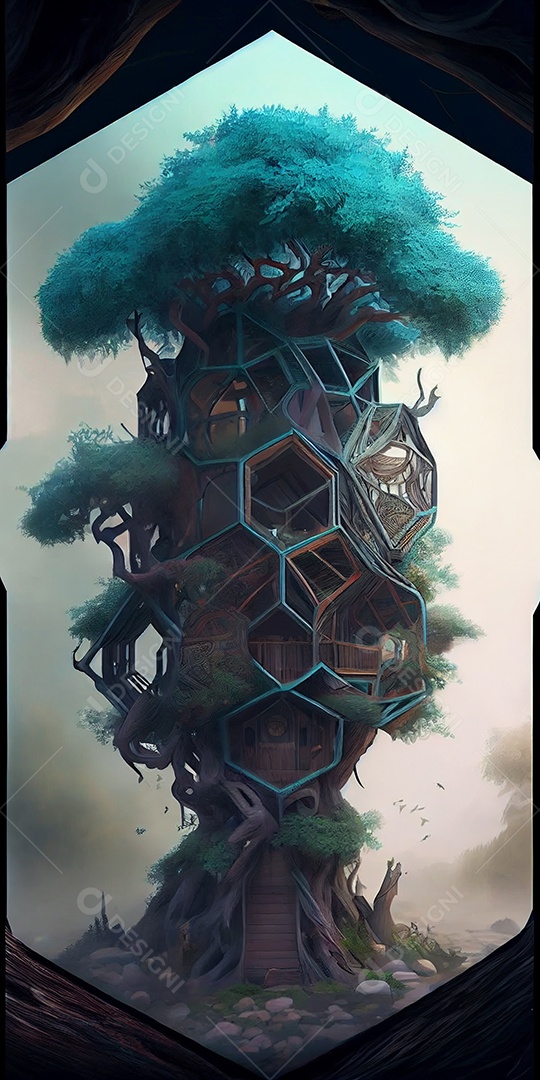 Ilustração 3D de uma casa na árvore