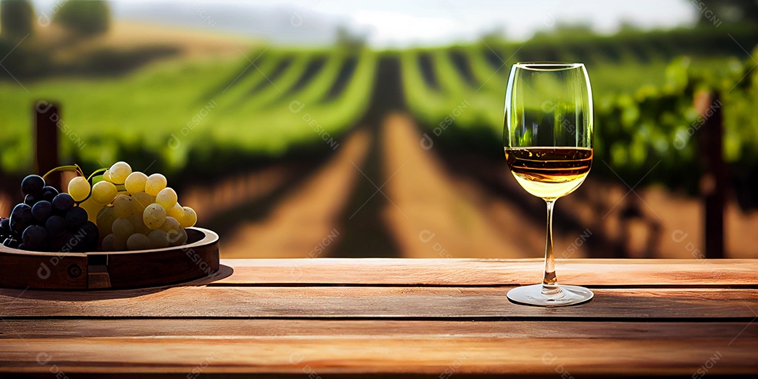 Ilustração Taça de vinho em mesa de madeira fundo parreira de uvas
