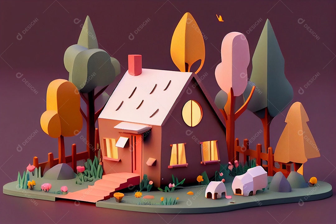 Ilustração 3D casa com jardim