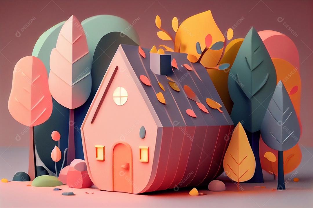 Ilustração 3D casa com jardim