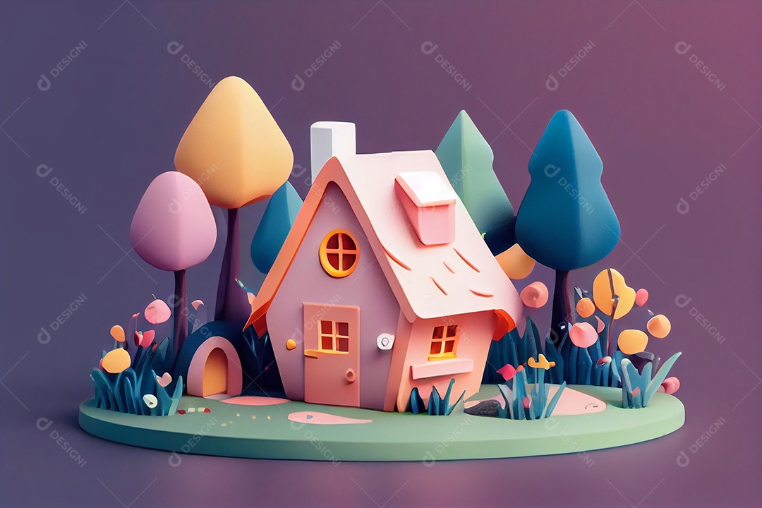Ilustração 3D casa com jardim