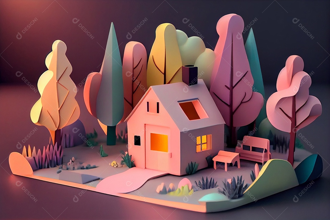 Ilustração 3D casa com jardim