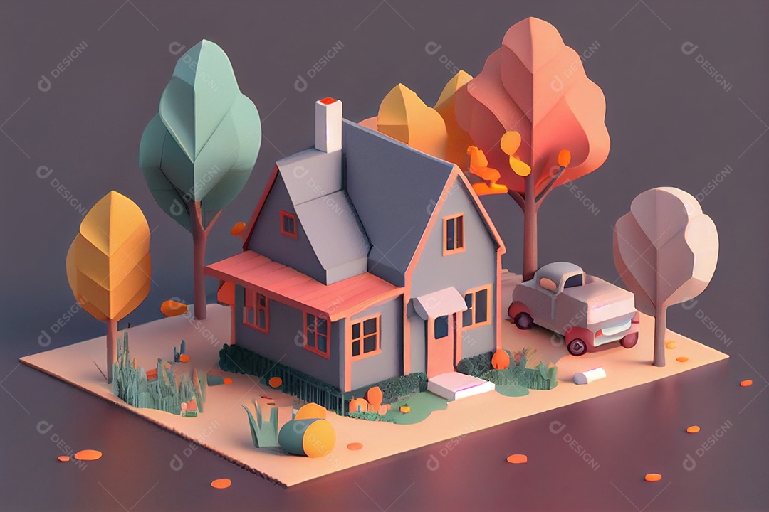 Ilustração 3D casa com jardim