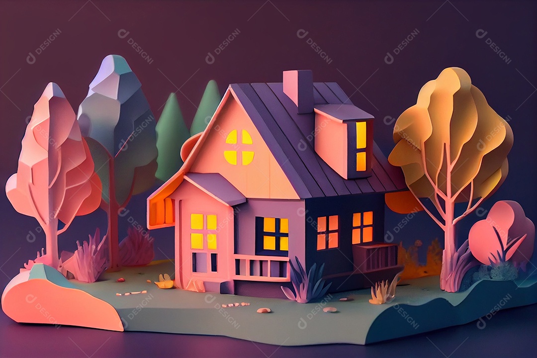 Ilustração 3D casa com jardim